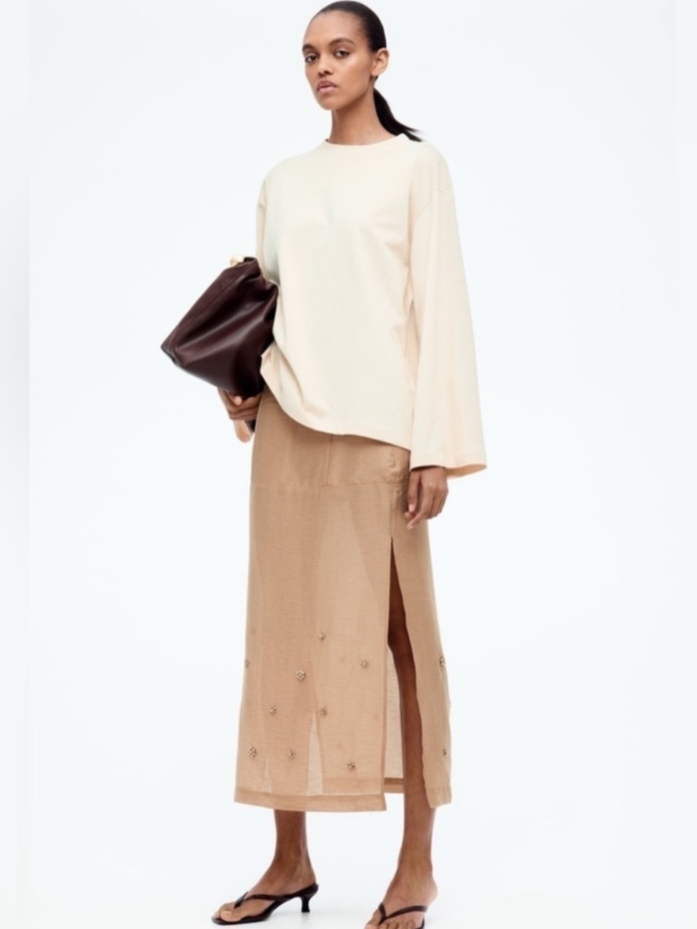 H&M | Edition Embellished Sheer Skirt in Dark Beige